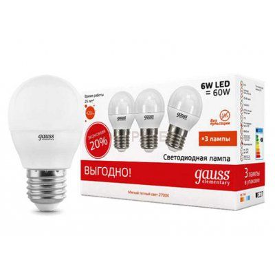 Лампа Gauss LED Elementary Globe 6W E27 2700K (3 лампы в упаковке)